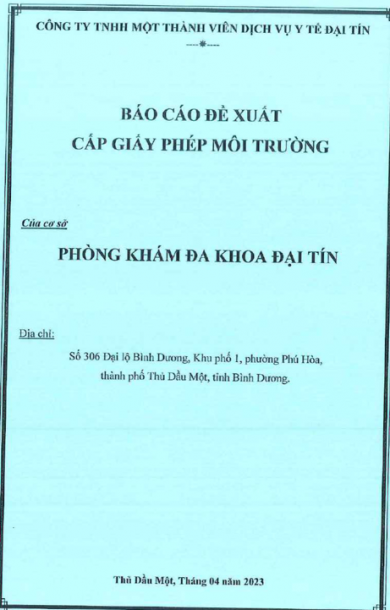 Báo cáo đề xuất cấp giấy phép môi trường đối với cơ sở Phòng khám đa khoa