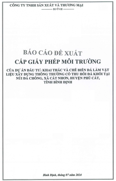 Báo cáo đề xuất cấp giấy phép môi trường dự án khai thác và chế biến đá