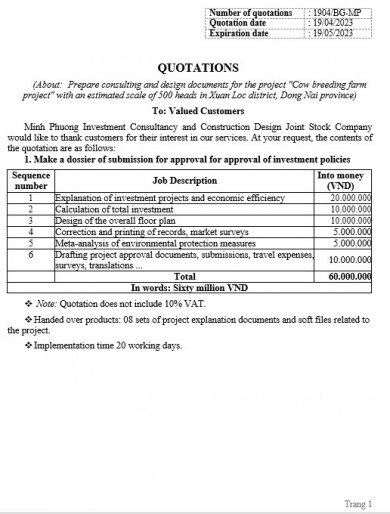 Quotation form for investment project on a cow farm with 500 cows